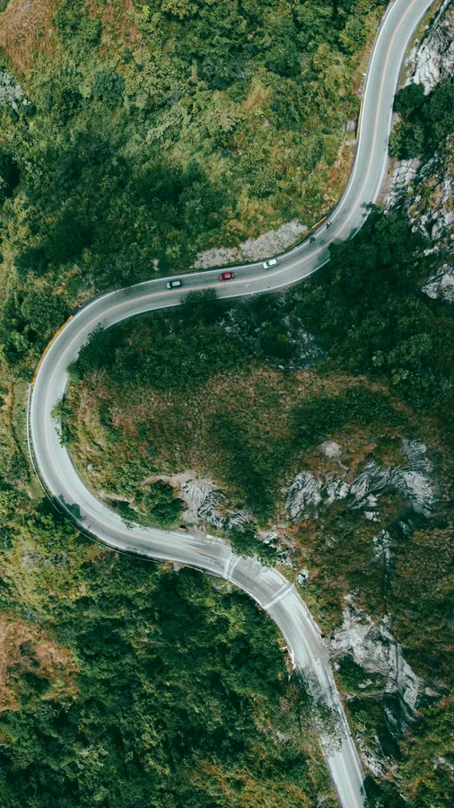 A winding road cuts through dense greenery, seen from above.